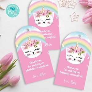 Caticorn Birthday Party Thank you tags /Cat, Unicorn Birthday / Editable template