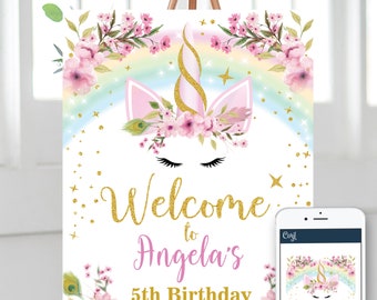 INSTANT DOWNLOAD - Editable Unicorn Birthday Sign- Welcome sign - Pink and gold - Digital Printable PDF file.