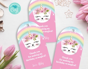 Caticorn Birthday Party Thank you tags /Cat, Unicorn Birthday / Editable template