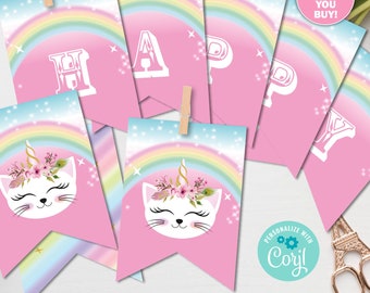 Editable Cat Unicorn Birthday Party Banner, Corjl template. Digital printable file.