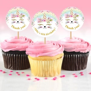 Editable Caticorn Birthday tags. 2 circles. Cupcake toppers image 1