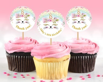 Editable Caticorn Birthday tags. 2" circles. Cupcake toppers