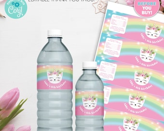 Editable Caticorn Birthday water bottle labels