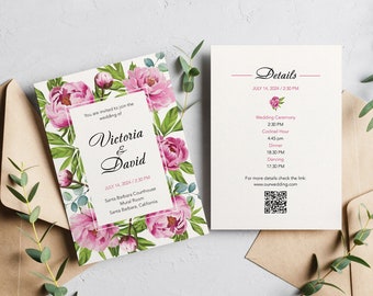 Pink Peonies editable Invitation, Digital Printable card. DIY