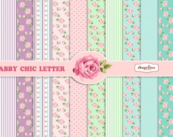 12 Shabby Chic Rose Lilac Green and Aqua blue. Digital Scrapbook Papers 8x11 inch for invites, letters, card making.