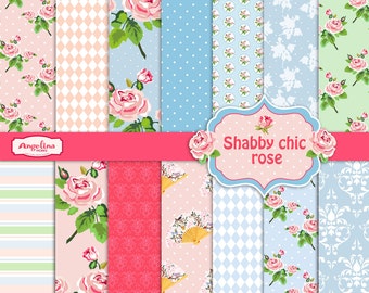 14 Shabby Chic Rose Digital Scrapbook Paper pack for invites, card making, digital scrapbooking