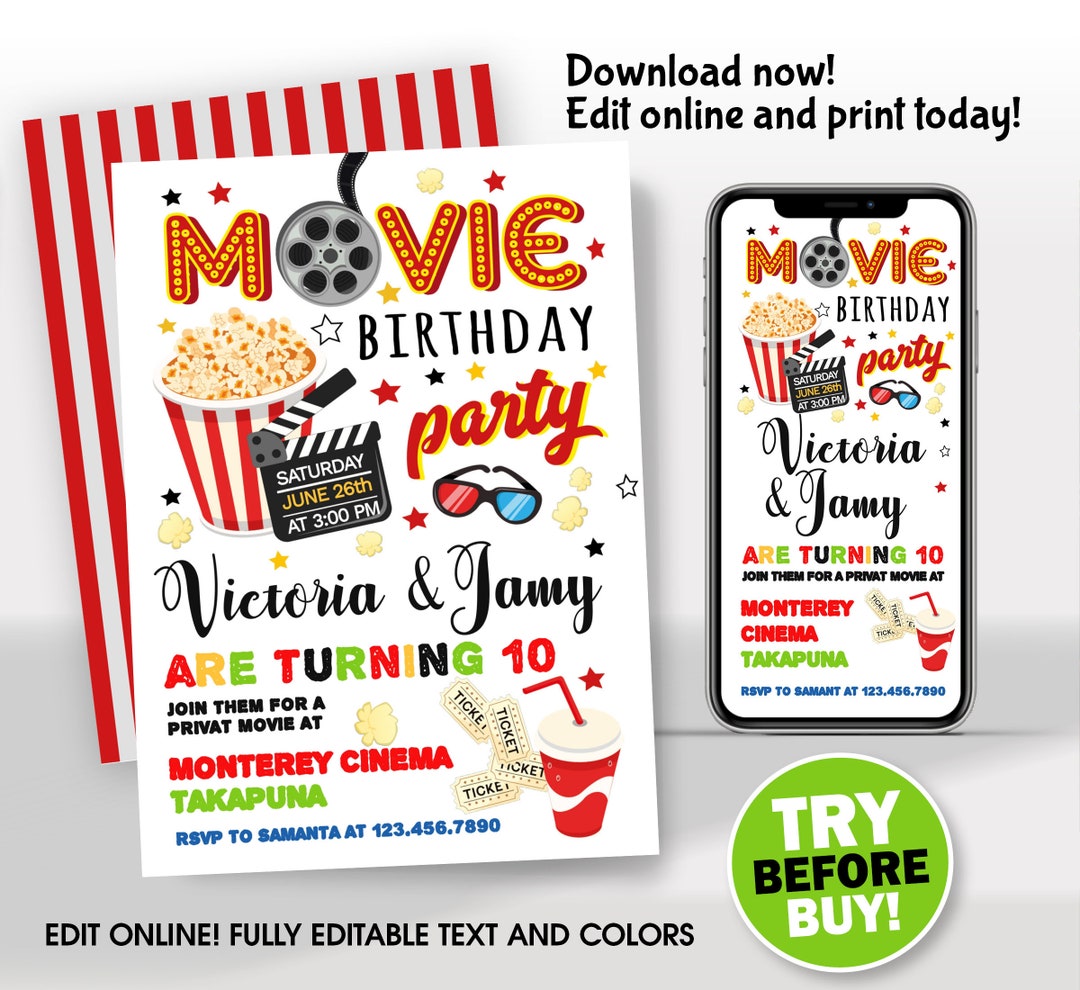 Movie Party Printable and Digital Invitation Movie Party - Etsy