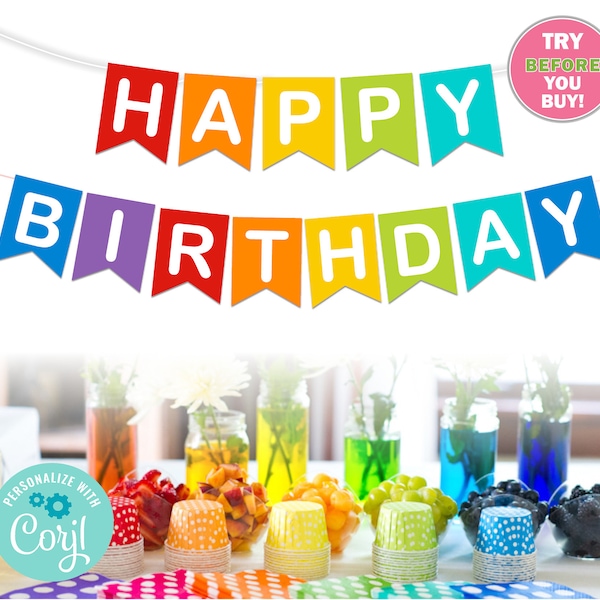 Editable Birthday Banner / Rainbow Banner / Instant download / Digital Printable /