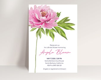 Pink Peony Bridal Shower Invitation, Digital Printable card. DIY,