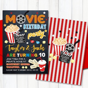 Printable Movie Invitation, Movie Party, Movie Birthday, DIY card. Double Sided Digital Printable Card.
