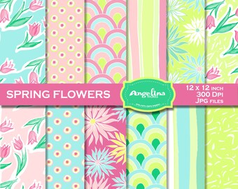 12 Spring Flowers Tulips Digital Scrapbook Papers. For invites card making digital scrapbooking