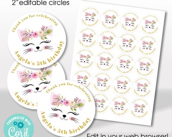 Editable Cat Birthday tags 2" circles. Cupcake toppers