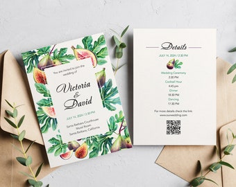 Fig fruits and leaves editable Invitation, Digital Printable card. DIY