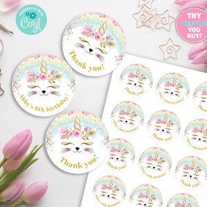 Editable Caticorn Birthday tags. 2 circles. Cupcake toppers image 2