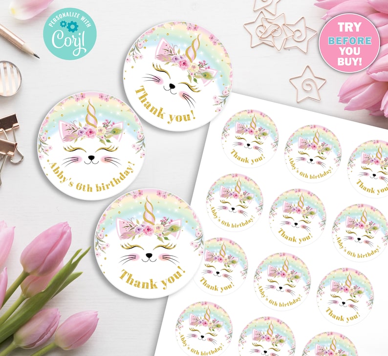 Editable Caticorn Birthday tags. 2 circles. Cupcake toppers image 2