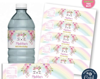 Editable Caticorn Birthday water bottle labels