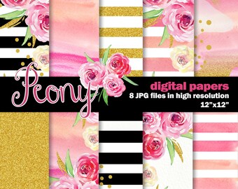 Watercolor Digital Papers. 10 Peony Inspired Digital Watercolor papers. Hand Painted Stripes