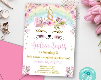 INSTANT DOWNLOAD EDITABLE Caticorn Birthday Party Invitations Cat ...