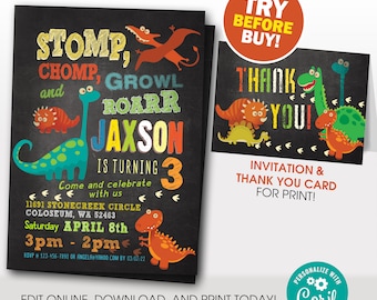 Dinosaur Birthday Invitation. Chalkboard. DIY card. Digital Printable Card. Dinosaur Birthday Celebration