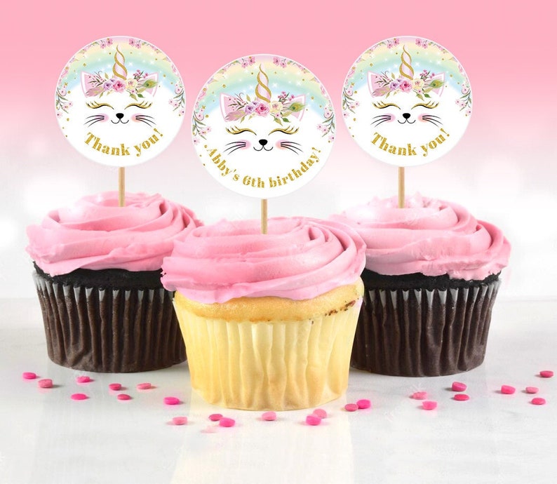 Editable Caticorn Birthday tags. 2 circles. Cupcake toppers image 1