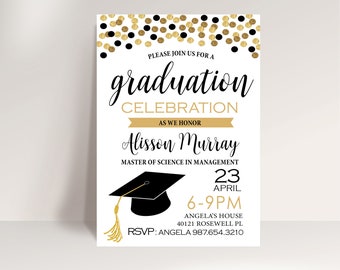 Graduation Invitation, Black, Gold and White Confetti Falling Printable Card, Custom College Degree Celebration