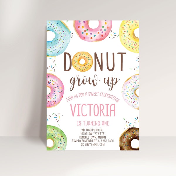 INSTANT DOWNLOAD - EDITABLE Template / Donut Birthday invitation / Donut grow up / First birthday /