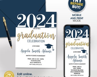 Editable Template & Instant Download, Black and Gold, Graduation Party Invitation, Class of 2024