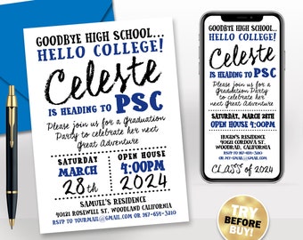 Graduation Party Invitation, Editable Template for Phone and Printing, Going Away to College, Class of 2024