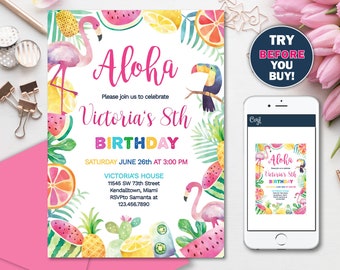 Tropical Flamingo Birthday Editable invitation. Tropical Fruits Invitation. Editable template.