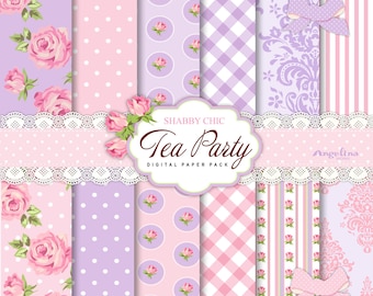 12 Shabby Chic Tea party Pink and Lilac Digital Scrapbook Papers. 4 Clipart  images for invites card making digital scrapbooking