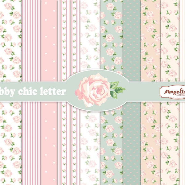 12 shabby Chic Rose lumière rose et bleu. Papiers de scrapbooking numérique 8 x 11 pouces pour l'invite, lettres, cartes de décisions.