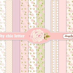 12 Shabby Chic Roses / Blush Pink Digital Scrapbook Papers 8x11 inch for invites, letters, card making.