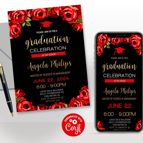 Graduation Editable Template - Instant Download / Black Red and Gold / Red roses / Graduation Party Invitation / Class of 2024