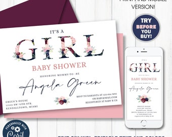 Girl Baby Shower Invitation, Blush and Navy, Print and Mobile editable file