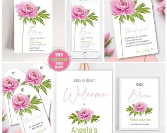 Baby in Bloom, Pink Peony Baby Shower Digital BUNDLE, Editable templates