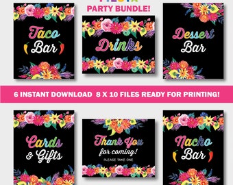 Instant download Fiesta Party Signs. 6 Mexican Fiesta Black party signs. 10x8 Digital files. Printable Fiesta Theme Party Decoration.