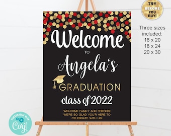 Graduation Editable Template - Instant Download / Black Red and Gold / Confetti falling / Graduation Welcome Sign / Class of 2023