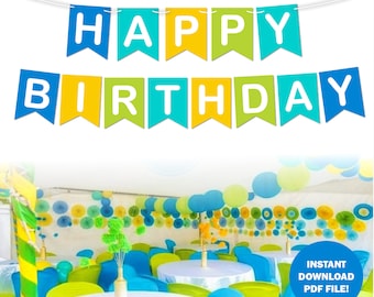 Printable happy birthday banner / Blue Yellow Green / Birthday Banner / Instant download / Ready for printing