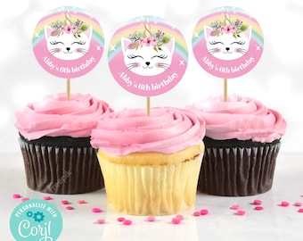 Editable Caticorn Birthday tags. 2" circles. Cupcake toppers