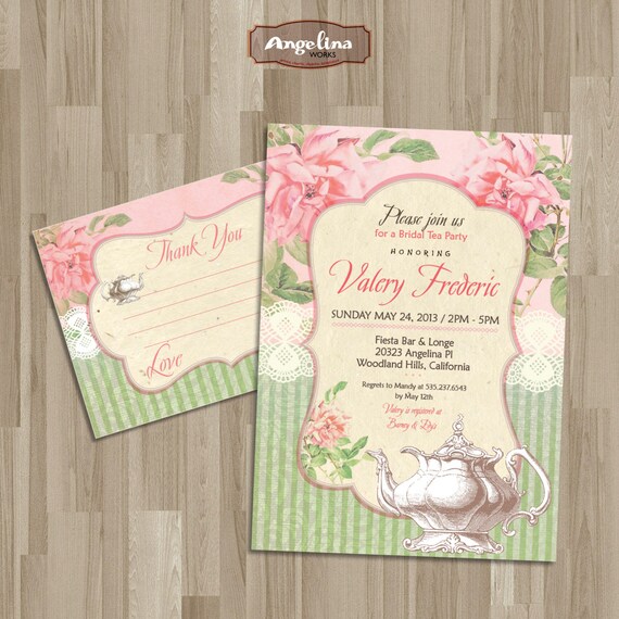 Mint Green Shabby Chic Tea Party Invitation. Included Thank