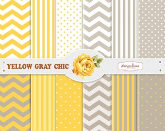 12 Digital Yellow Gray Chevron Scrapbook Paper Pack for invites, card making, digital scrapbooking, wallpapers