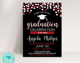 Graduation Editable Template - Instant Download, Black Red and White, Confetti falling, Graduation Party Invitation, Class of 2024