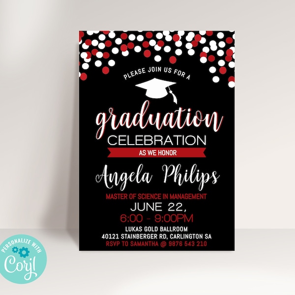 Graduation Editable Template - Instant Download, Black Red and White, Confetti falling, Graduation Party Invitation, Class of 2024