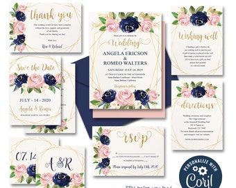 Blush, Navy, Yvori and Gold Editable Digital Wedding set / Invitation Set, Digital Printable Pack.  Edit online With Corjl