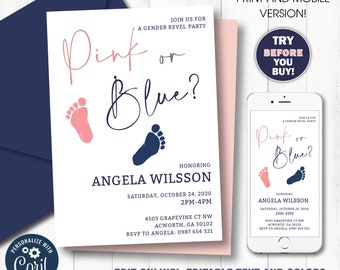 Pink or Blue Gender Reveal Invitation, Modern Blush and Navy, Print and Mobile editable file