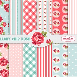 12 Shabby Chic Rose Digital Scrapbook Paper pack for invites, card making, digital scrapbooking