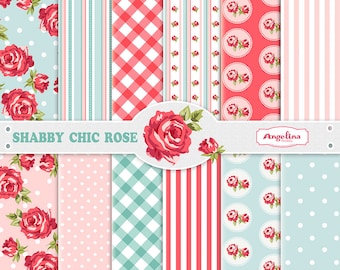 12 Shabby Chic Rose Digital Scrapbook Paper pack for invites, card making, digital scrapbooking