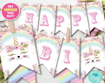 Editable Caticorn Rainbow Birthday Party Banner, Editable template. Digital printable file.