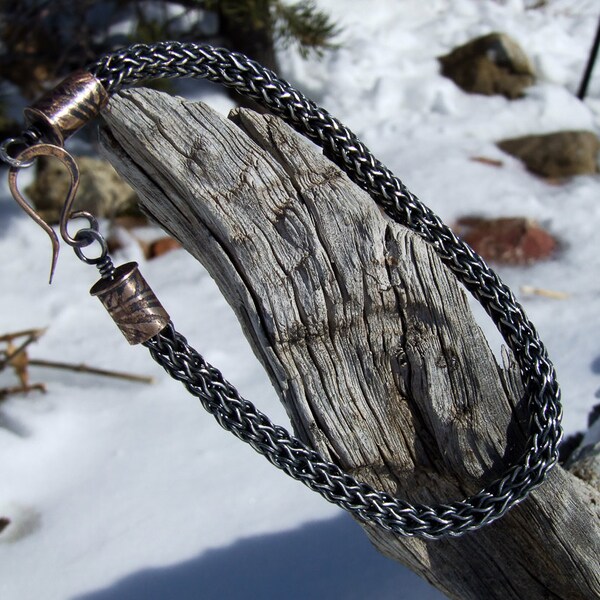 Fine Silver Loop in Loop Chain, Unisex Bracelet, Handmade Woven Chain, Silver Patina Bracelet, Mixed Metals