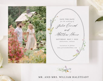 Spring Wedding Save the Date, Floral Wreath, Floral Wedding, English Garden Wedding, Garden Theme Save the Date, Printed, With Photo